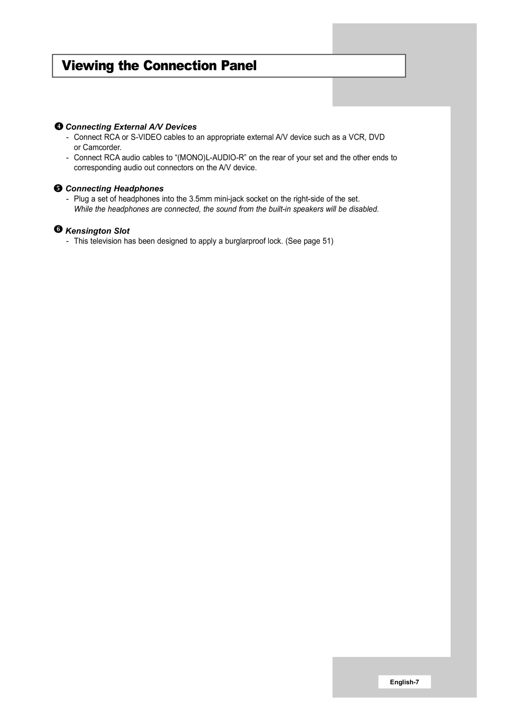 Samsung LE15E31S manual Connecting External A/V Devices, Connecting Headphones, Kensington Slot 