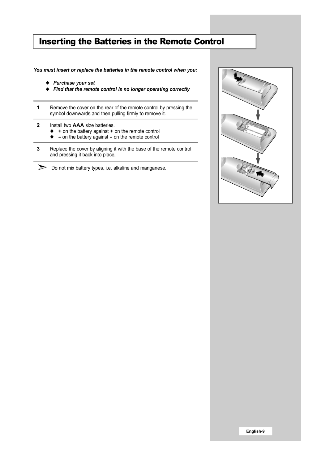 Samsung LE15E31S manual Inserting the Batteries in the Remote Control 