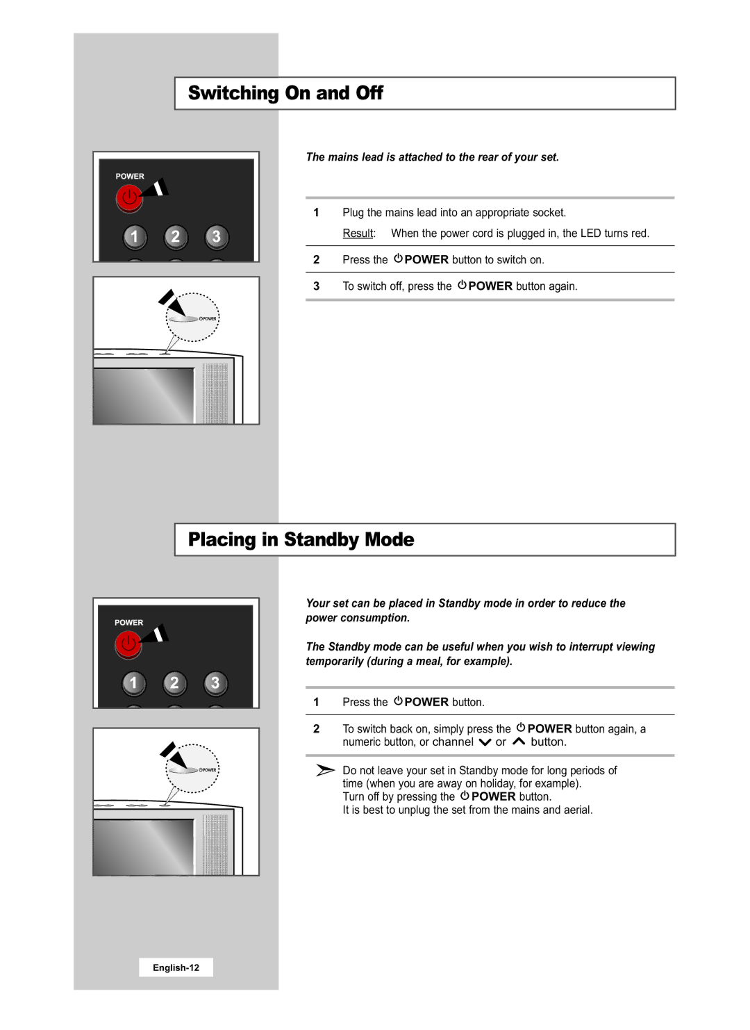 Samsung LE15E31S manual Switching On and Off, Placing in Standby Mode, Mains lead is attached to the rear of your set 