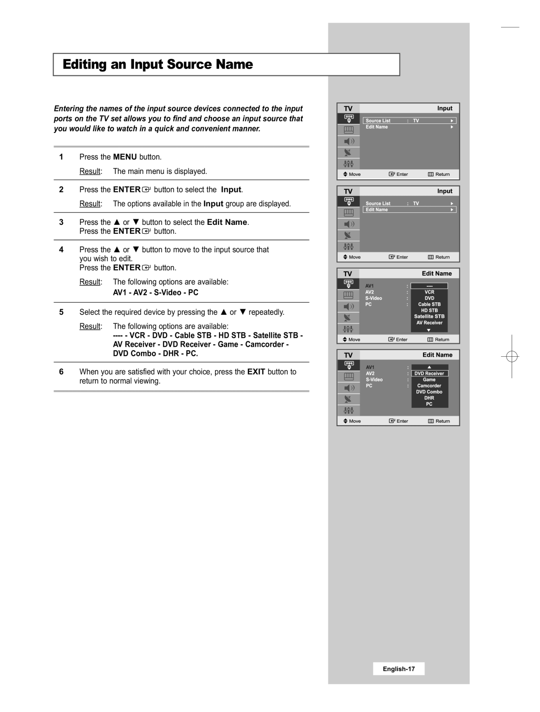 Samsung LE15E31S manual Editing an Input Source Name, AV1 AV2 S-Video PC 