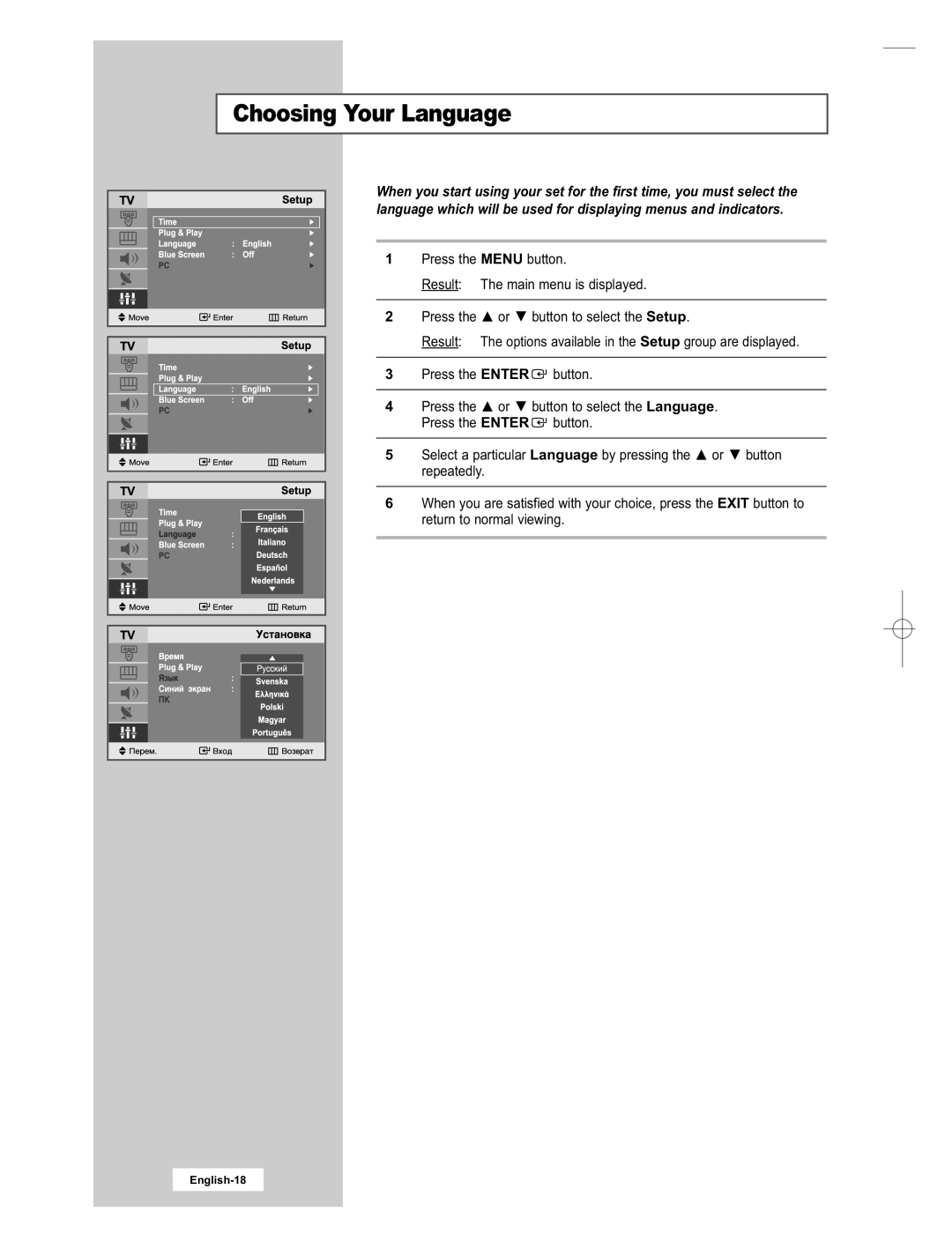 Samsung LE15E31S manual Choosing Your Language 