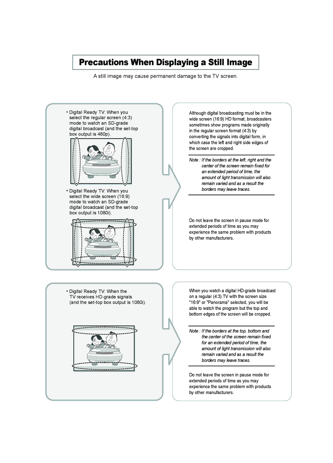 Samsung LE15E31S manual Precautions When Displaying a Still Image, Still image may cause permanent damage to the TV screen 