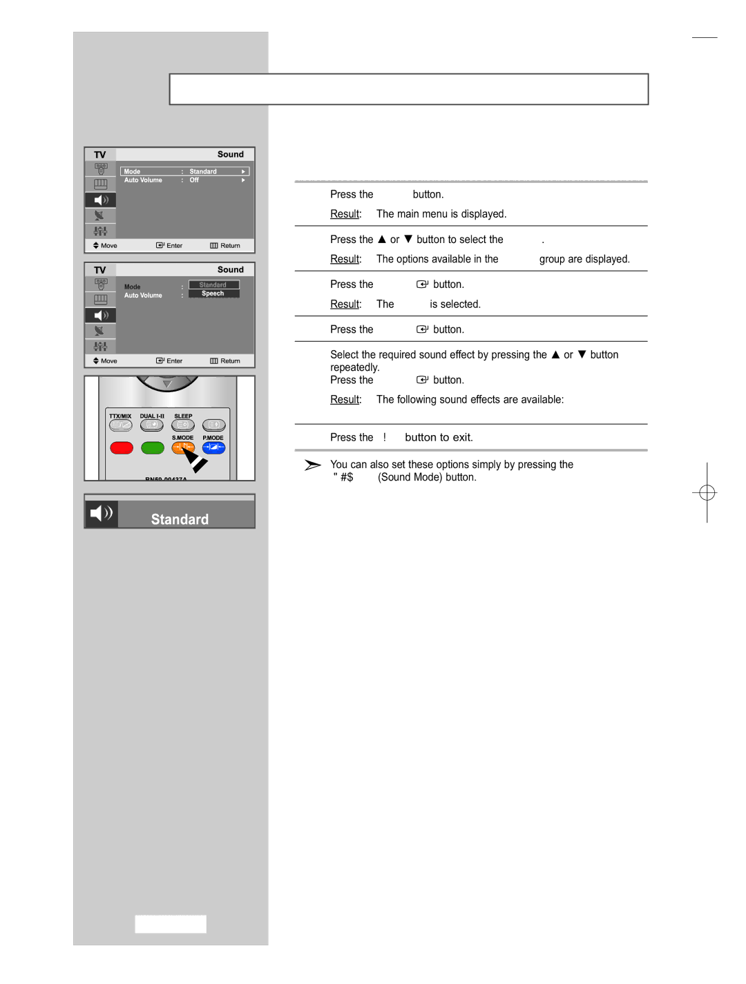 Samsung LE15E31S manual Changing the Sound Standard, Standard Speech 