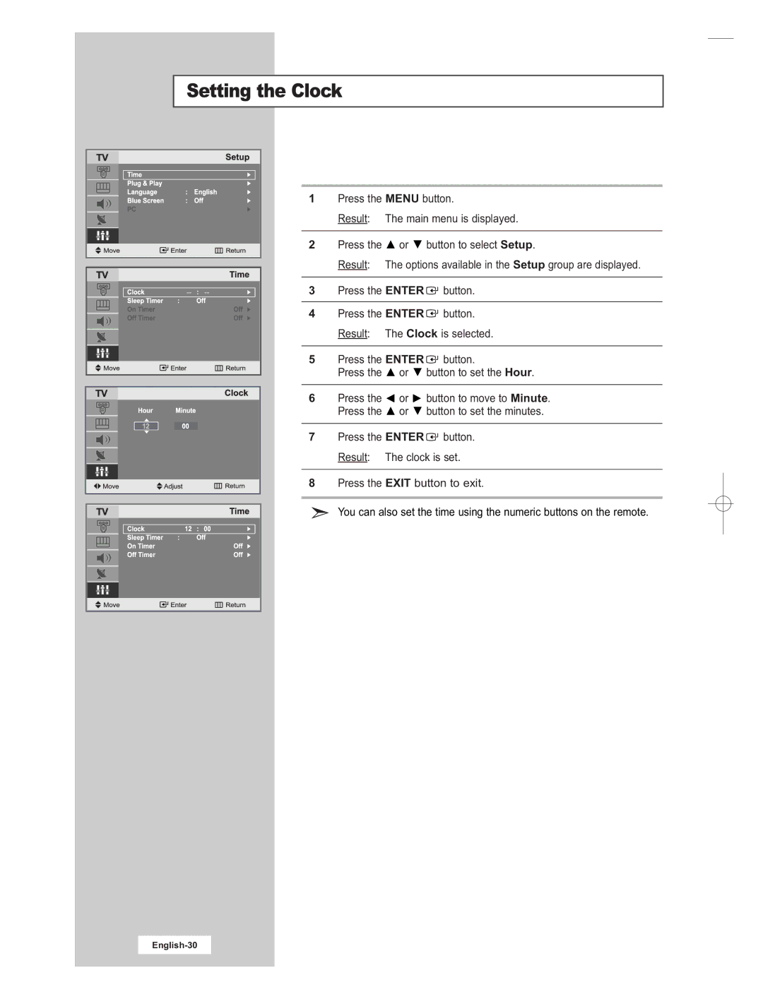 Samsung LE15E31S manual Setting the Clock 