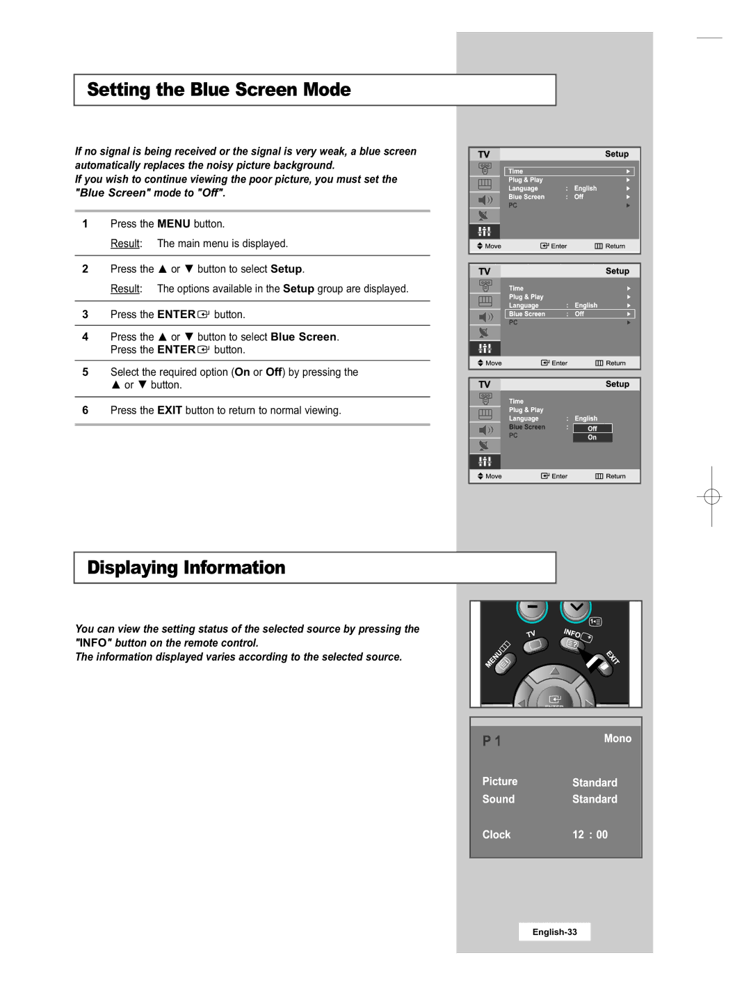 Samsung LE15E31S manual Setting the Blue Screen Mode, Displaying Information, Info button on the remote control 