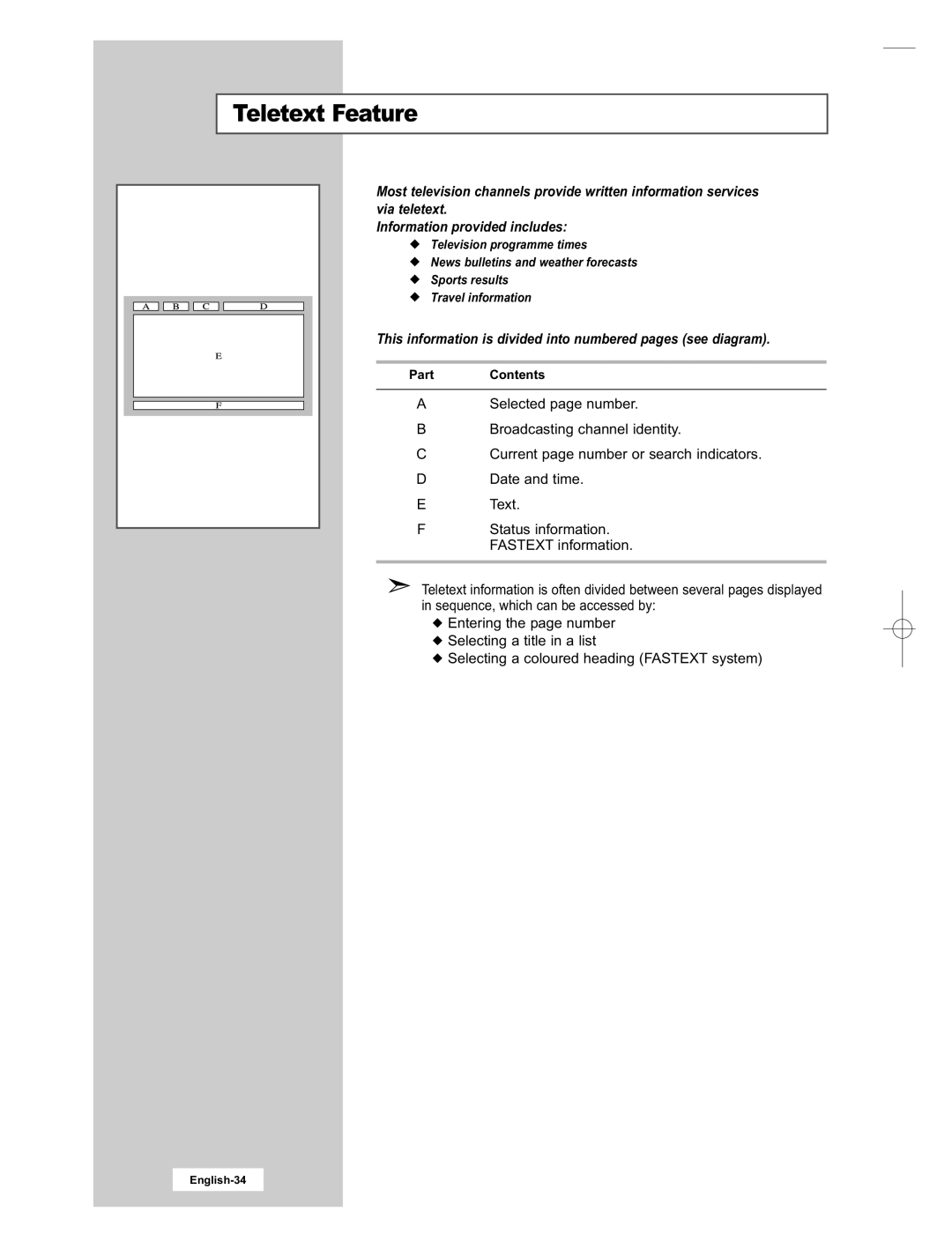 Samsung LE15E31S manual Teletext Feature, This information is divided into numbered pages see diagram 