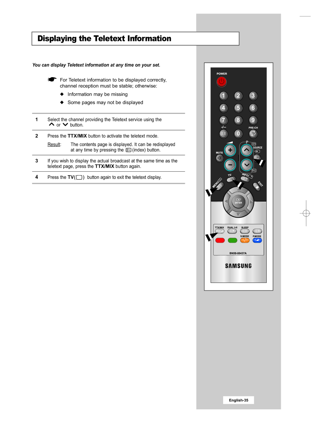 Samsung LE15E31S manual Displaying the Teletext Information, Press the TV 