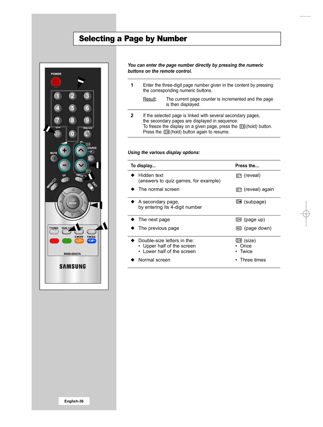 Samsung LE15E31S manual Selecting a Page by Number, Using the various display options, To display Press 