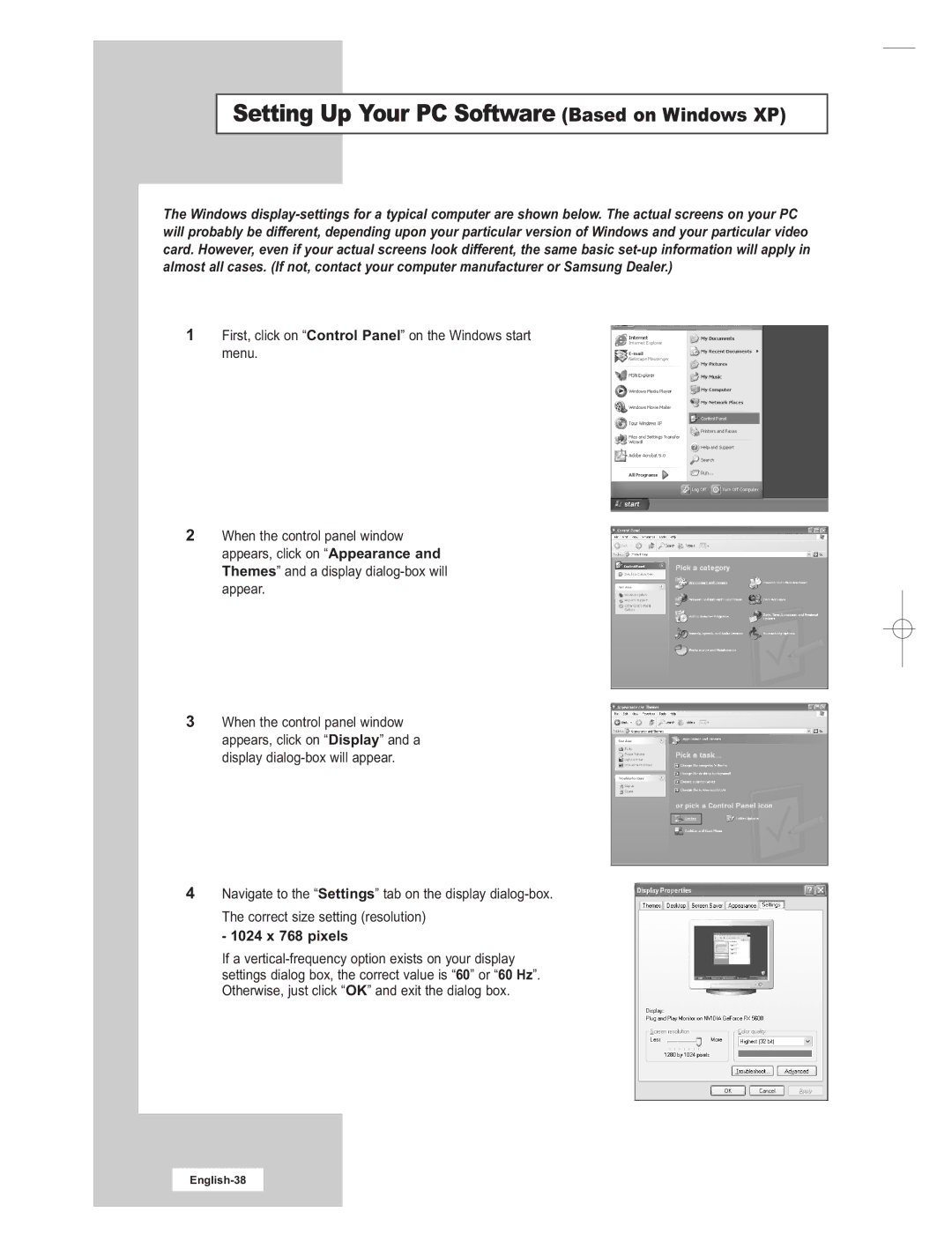 Samsung LE15E31S manual Setting Up Your PC Software Based on Windows XP, 1024 x 768 pixels 