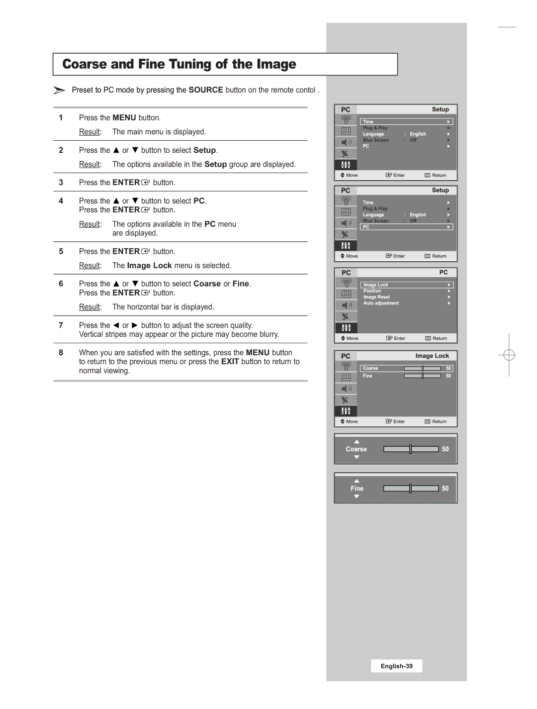 Samsung LE15E31S manual Coarse and Fine Tuning of the Image 