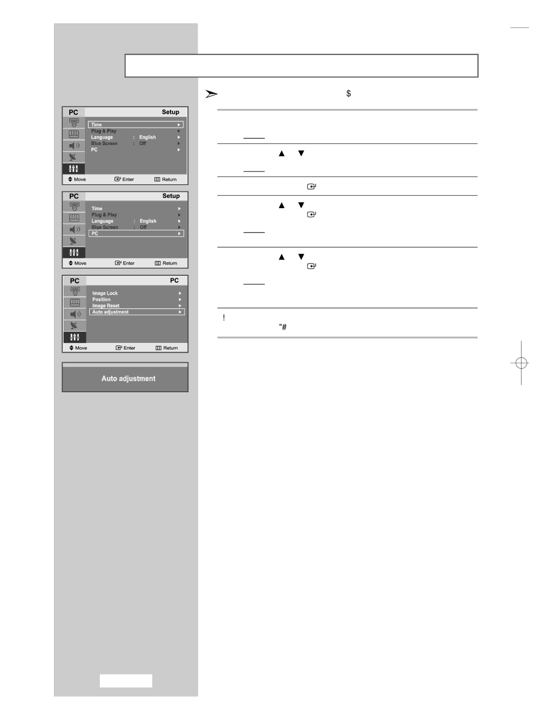 Samsung LE15E31S manual Adjusting the PC Screen Automatically 