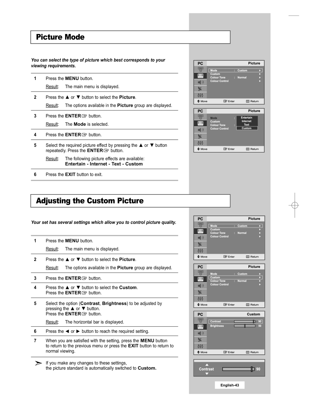 Samsung LE15E31S manual Picture Mode, Entertain Internet Text Custom 