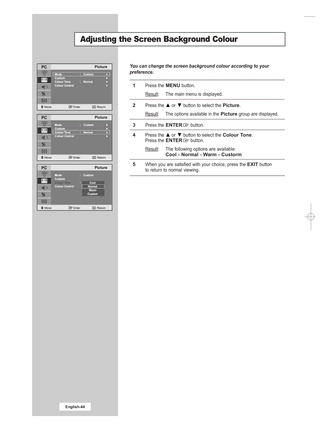 Samsung LE15E31S manual Adjusting the Screen Background Colour, Cool Normal Warm Custorm 