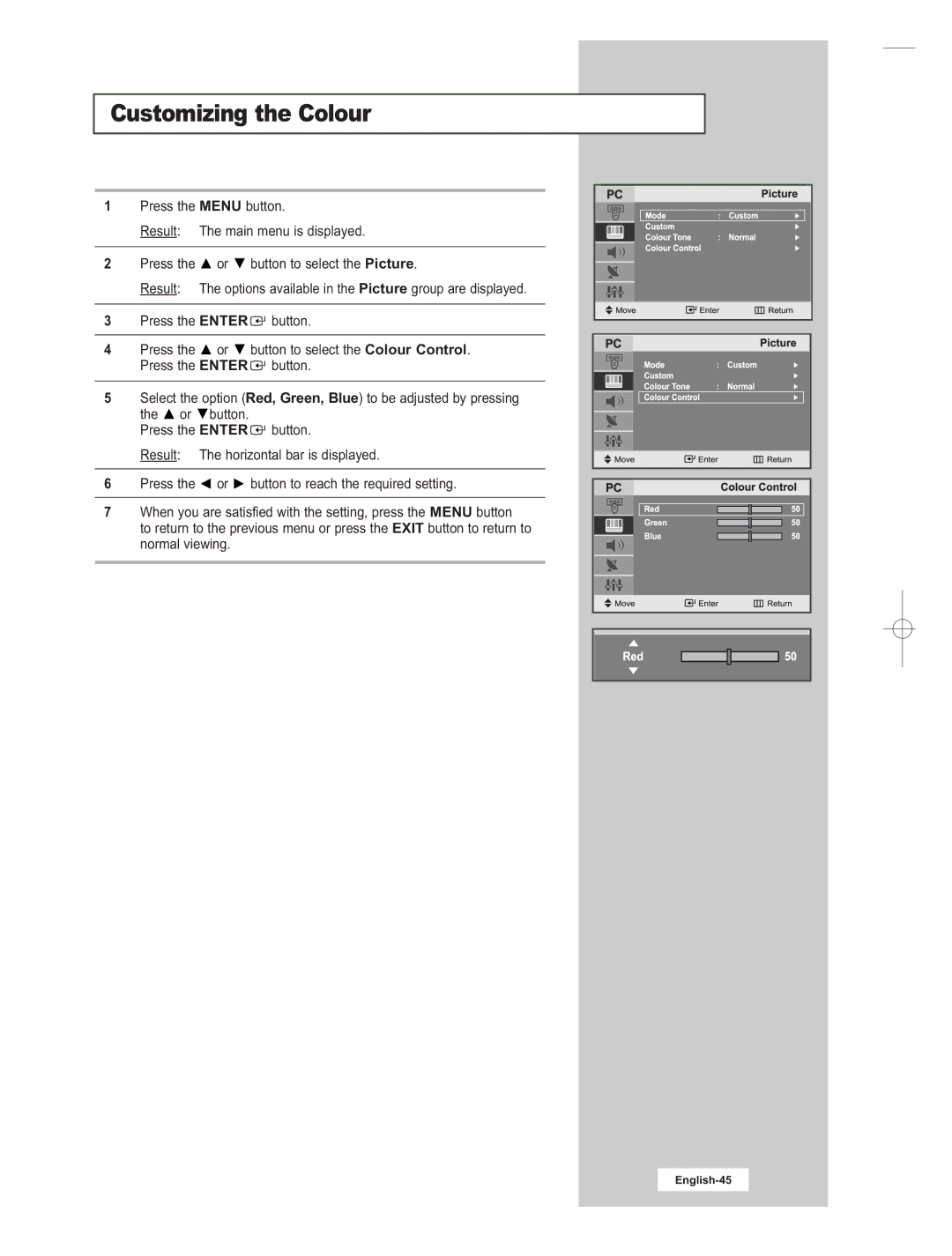 Samsung LE15E31S manual Customizing the Colour 