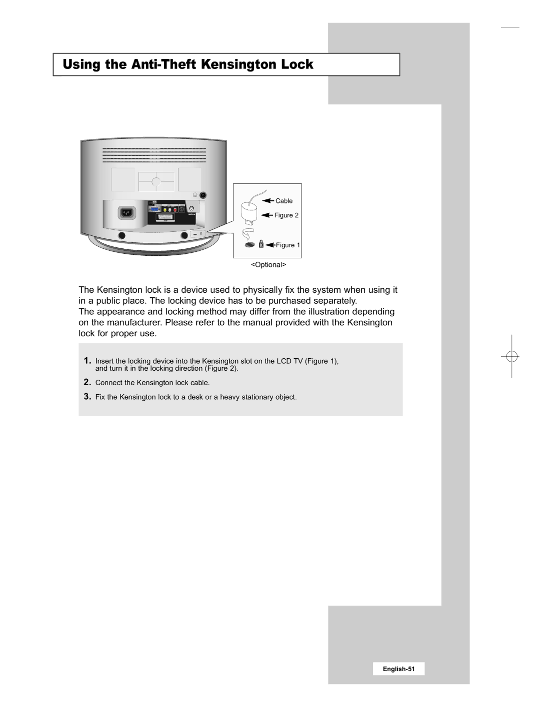 Samsung LE15E31S manual Using the Anti-Theft Kensington Lock 