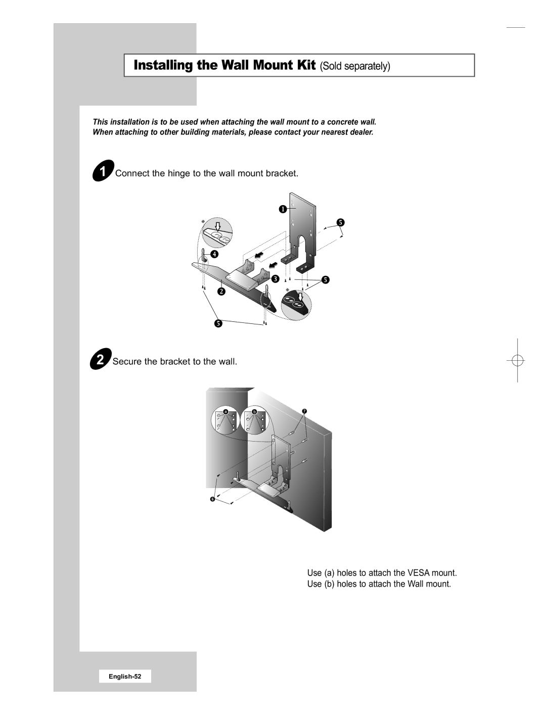 Samsung LE15E31S manual Installing the Wall Mount Kit Sold separately 