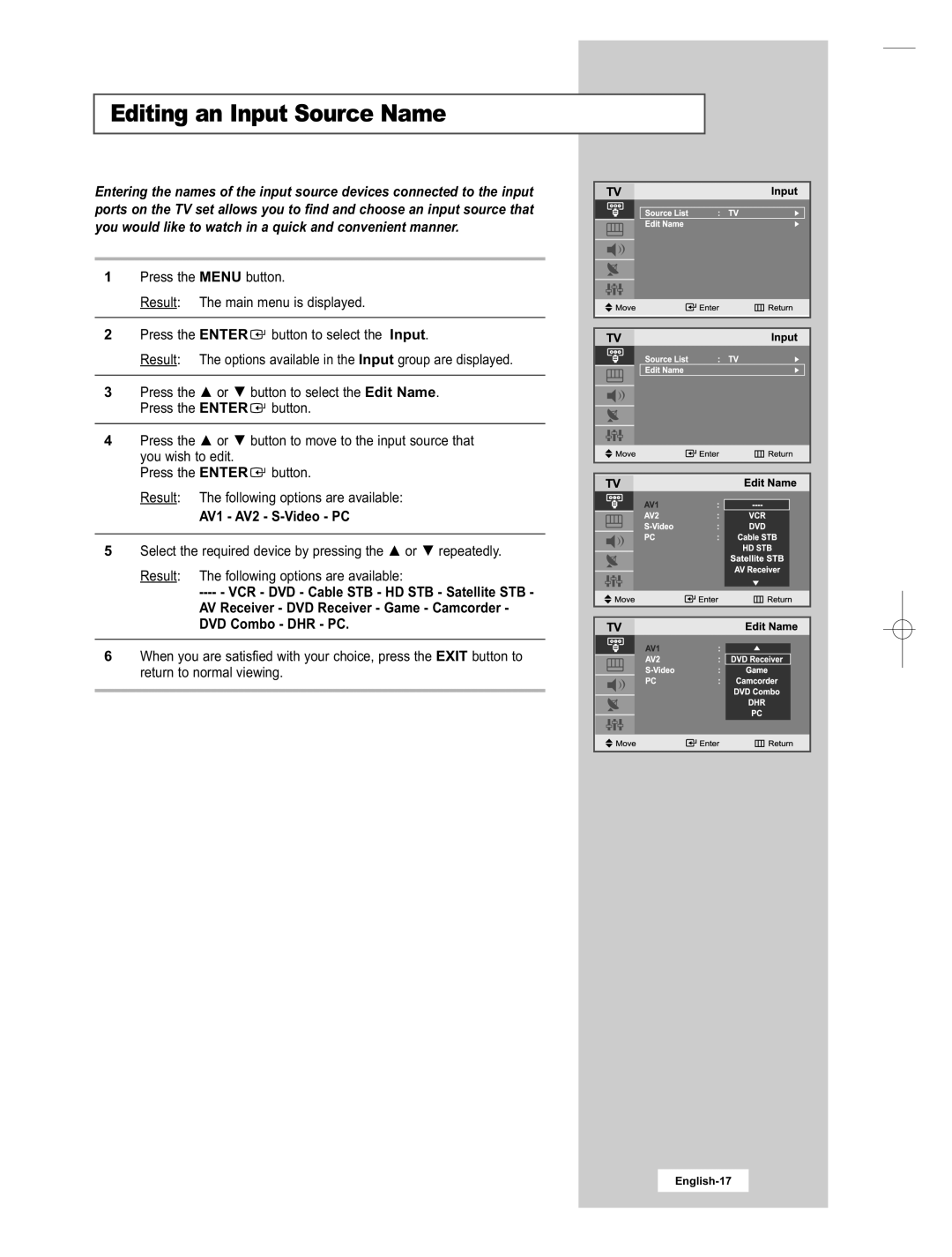 Samsung LE15E31S manual Editing an Input Source Name, AV1 - AV2 - S-Video - PC 