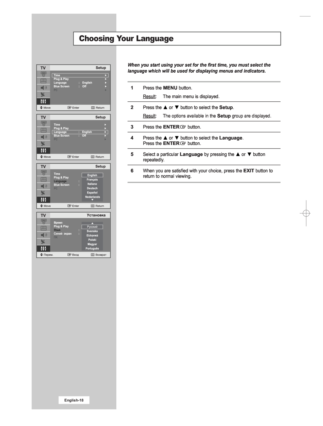 Samsung LE15E31S manual Choosing Your Language, English-18 