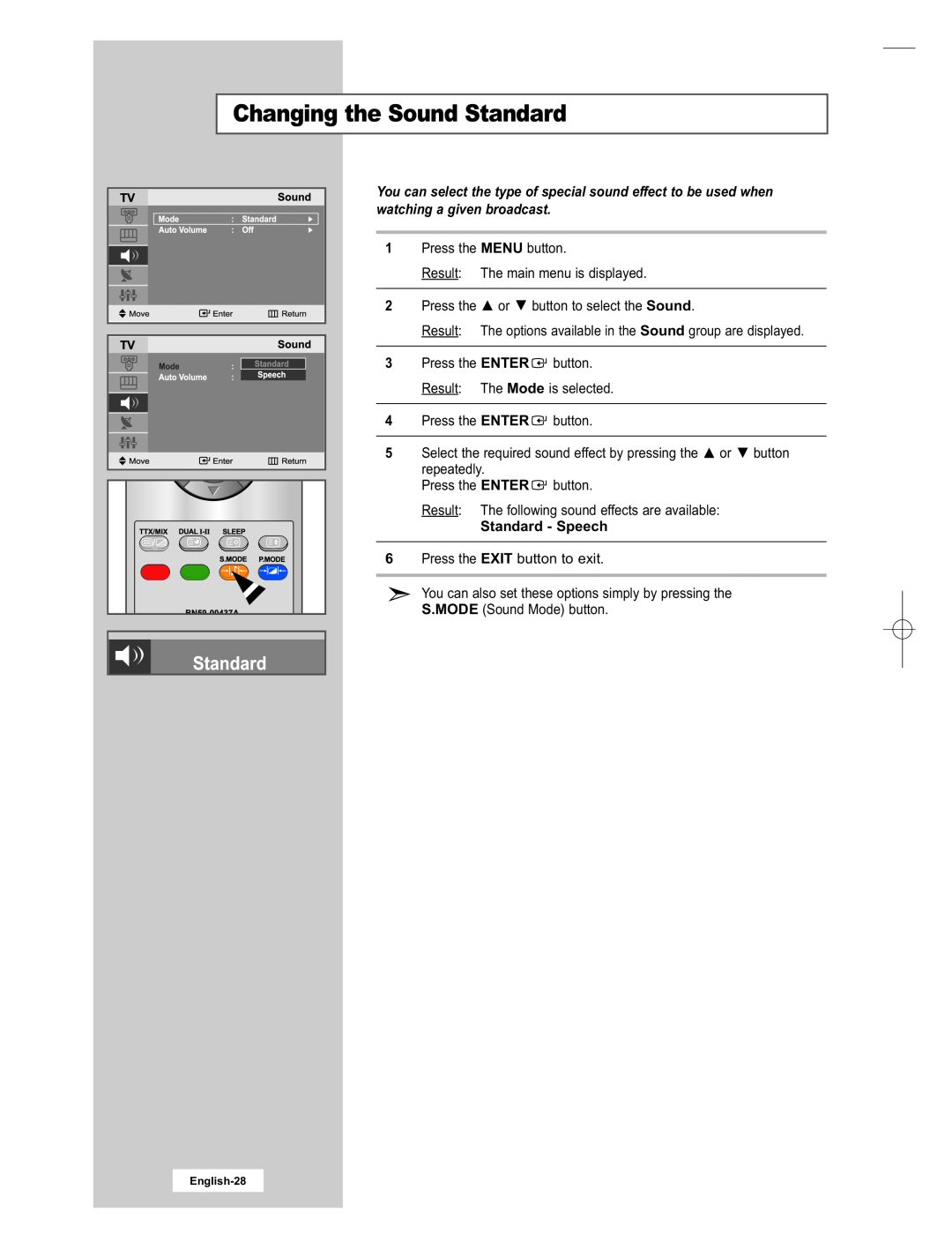 Samsung LE15E31S manual Changing the Sound Standard, Standard - Speech 
