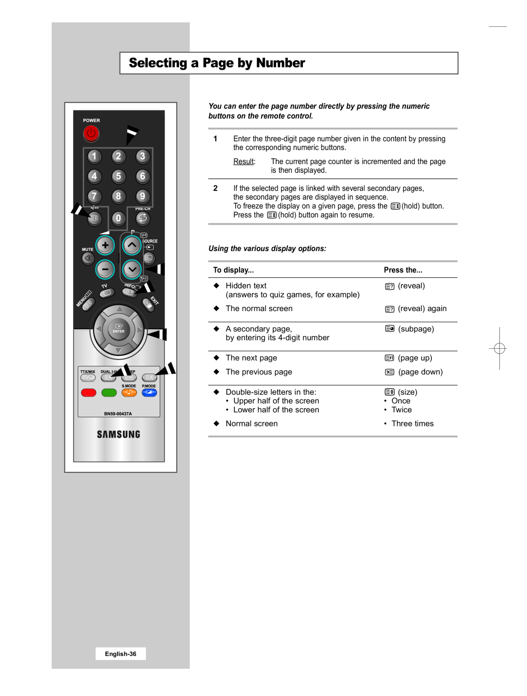 Samsung LE15E31S manual Selecting a Page by Number, Using the various display options, To display, Press the 
