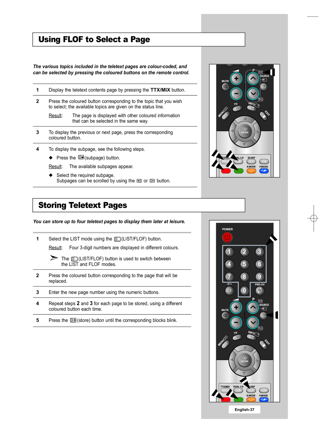 Samsung LE15E31S manual Using FLOF to Select a Page, Storing Teletext Pages 