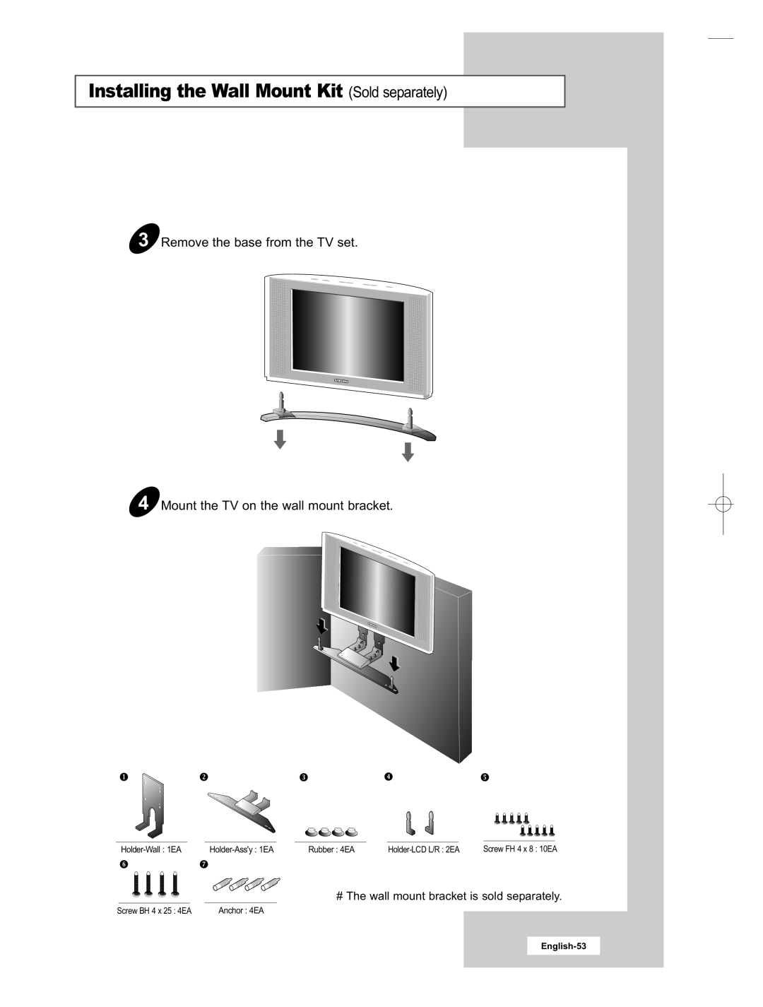 Samsung LE15E31S Remove the base from the TV set, Mount the TV on the wall mount bracket, English-53, Screw FH 4 x 8 10EA 