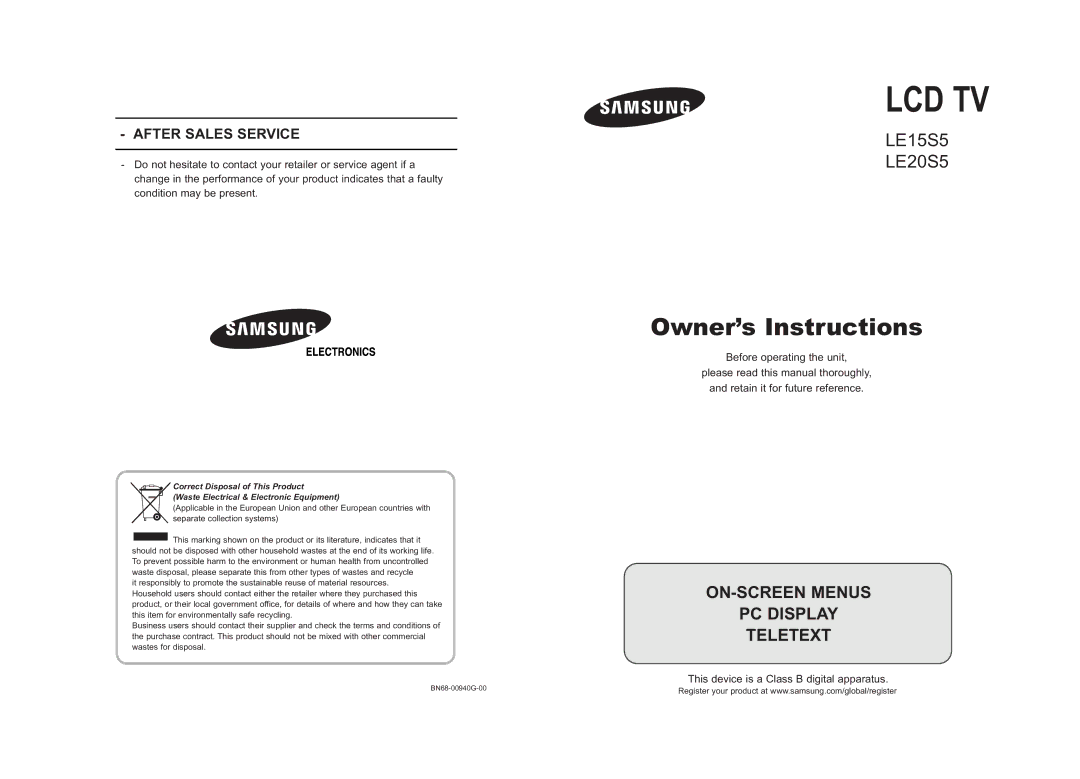 Samsung LE20S5, LE15S5 manual Lcd Tv 