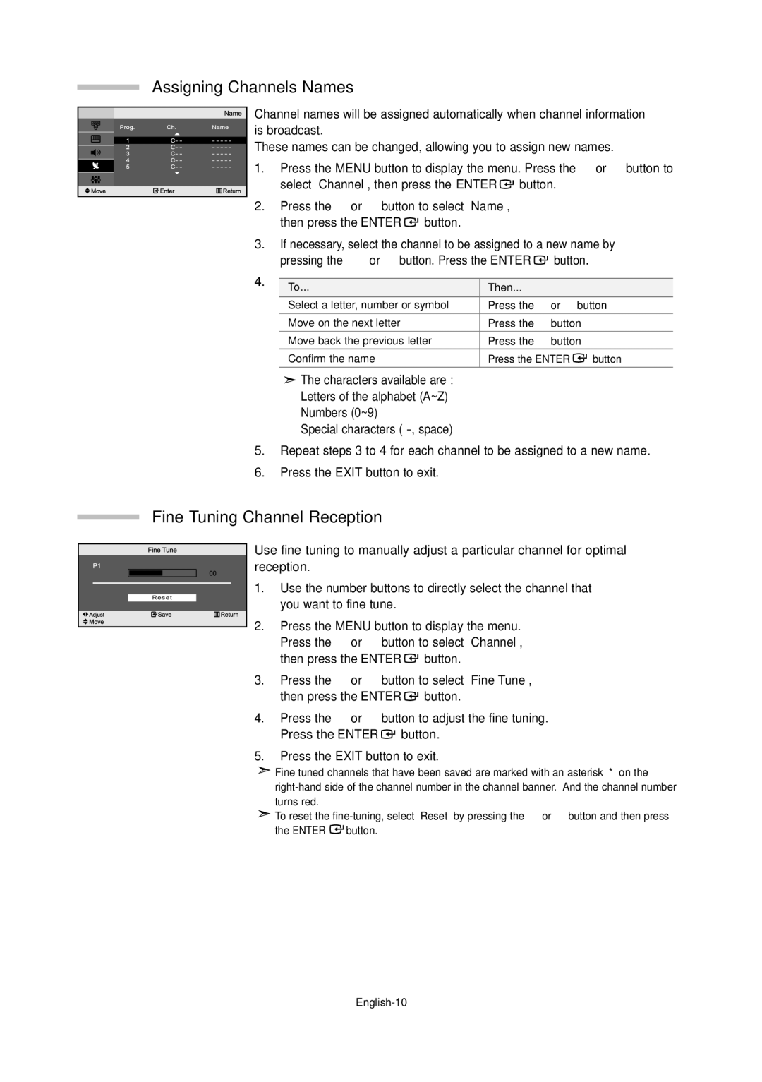 Samsung LE15S5, LE20S5 manual Assigning Channels Names, Fine Tuning Channel Reception, Is broadcast 