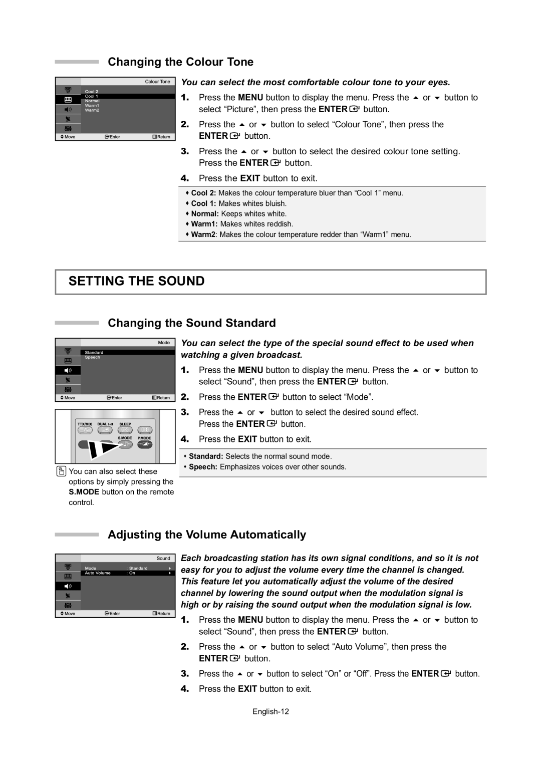 Samsung LE15S5 manual Setting the Sound, Changing the Colour Tone, Changing the Sound Standard, Watching a given broadcast 