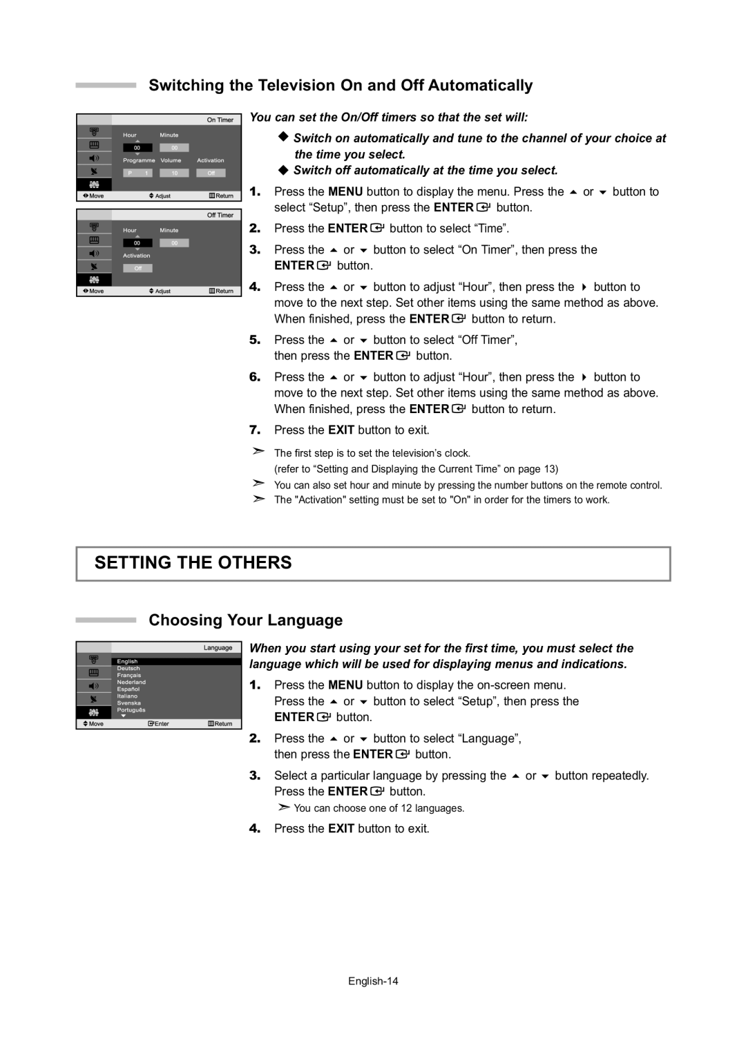 Samsung LE15S5, LE20S5 manual Setting the Others, Switching the Television On and Off Automatically, Choosing Your Language 