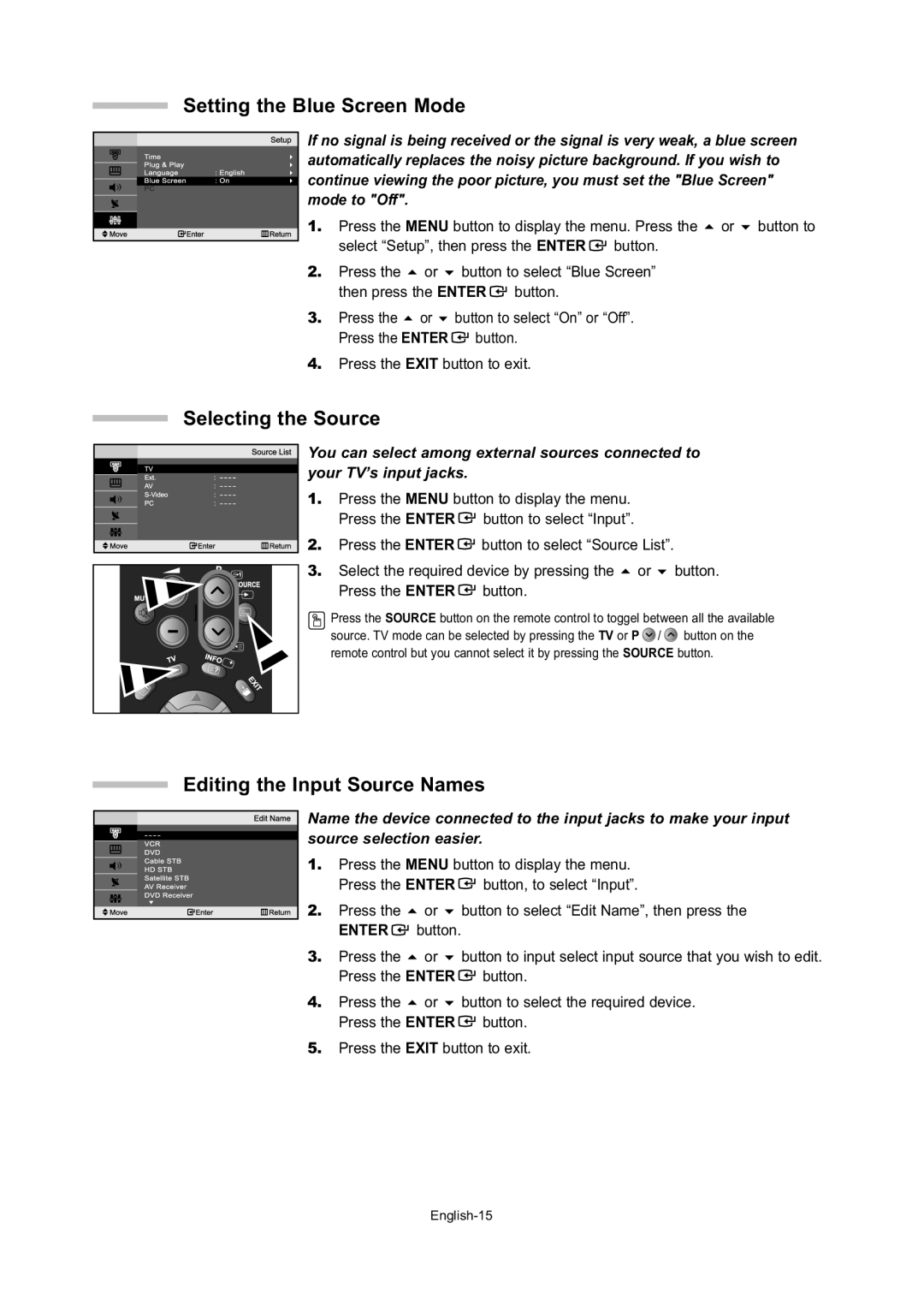 Samsung LE20S5, LE15S5 manual Setting the Blue Screen Mode, Selecting the Source, Editing the Input Source Names 