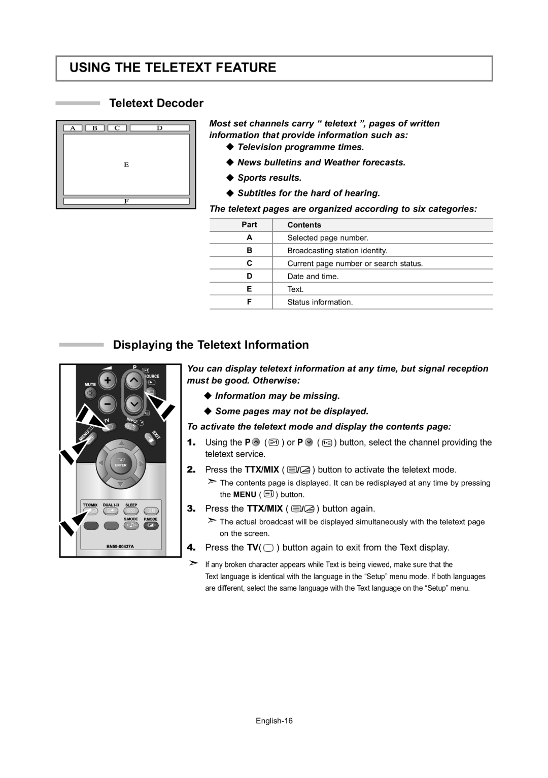 Samsung LE15S5, LE20S5 manual Using the Teletext Feature, Teletext Decoder, Displaying the Teletext Information 