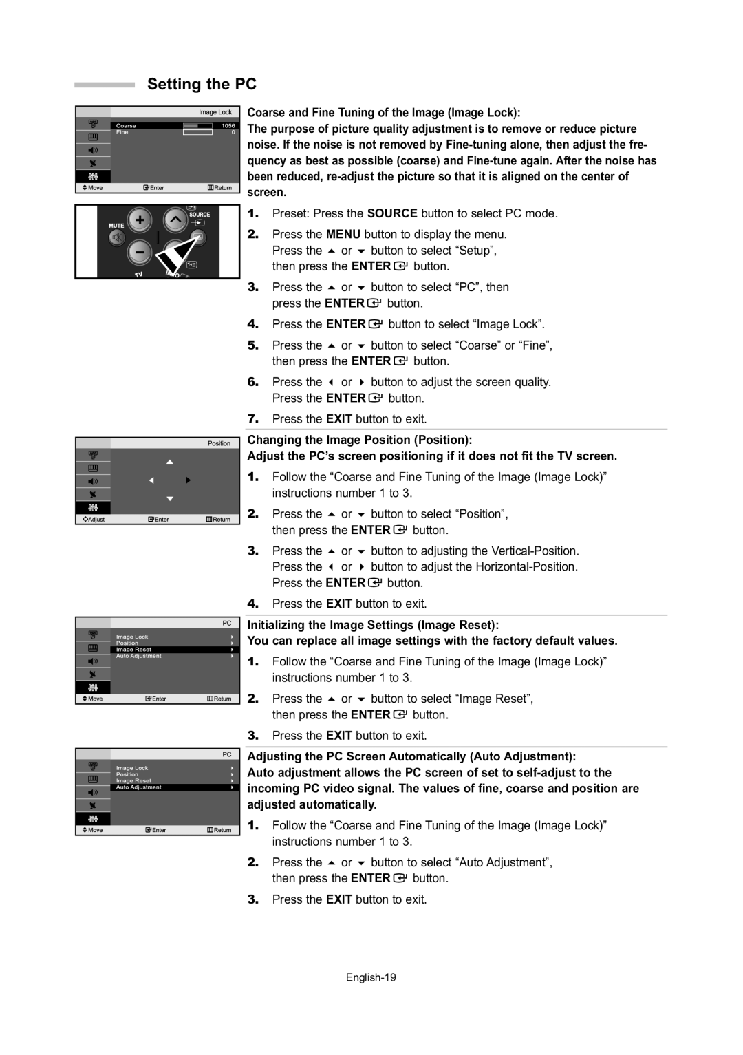 Samsung LE20S5, LE15S5 Setting the PC, Preset Press the Source button to select PC mode, Then press the Enter Button Press 