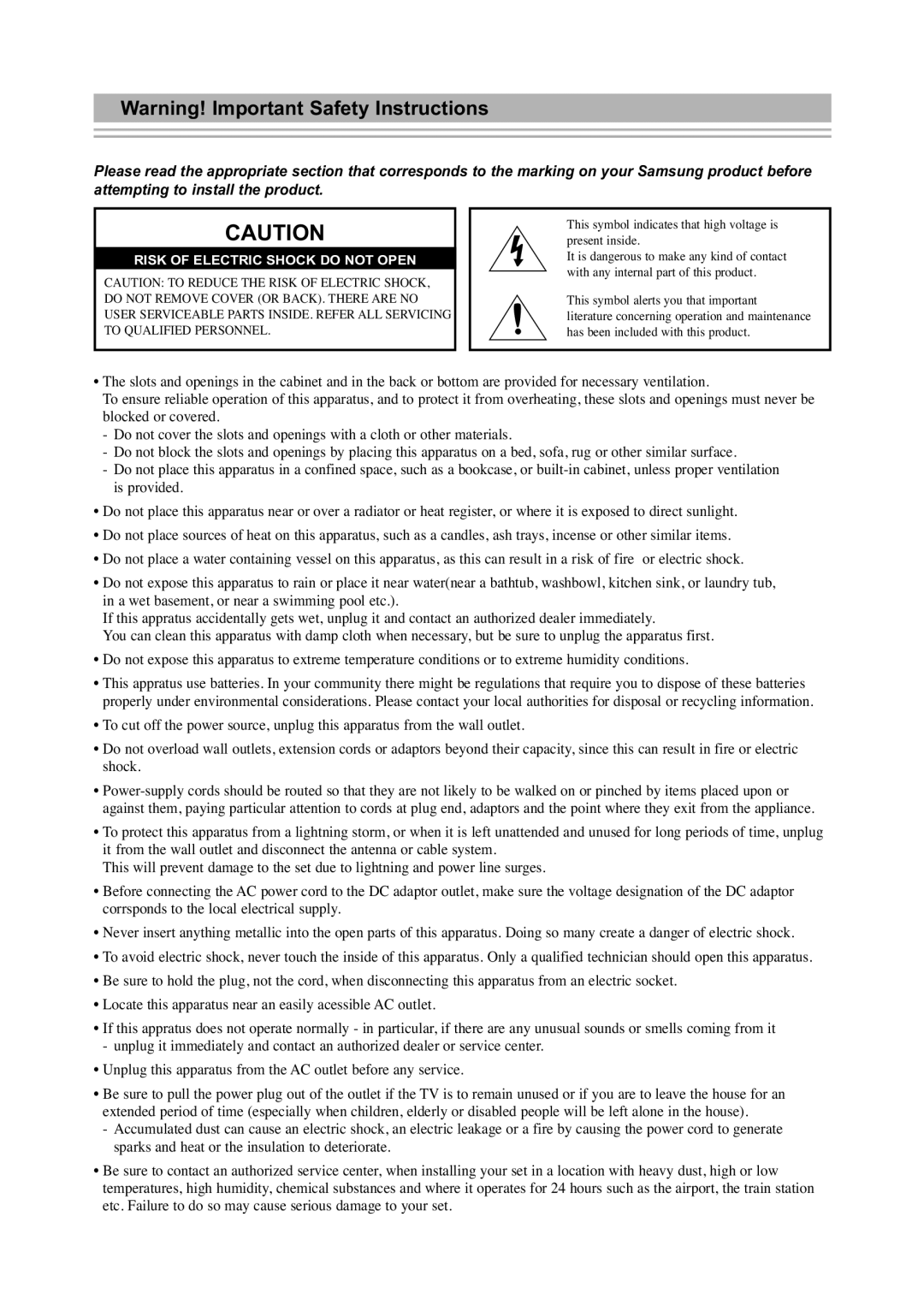 Samsung LE20S5, LE15S5 manual Risk of Electric Shock do not Open 