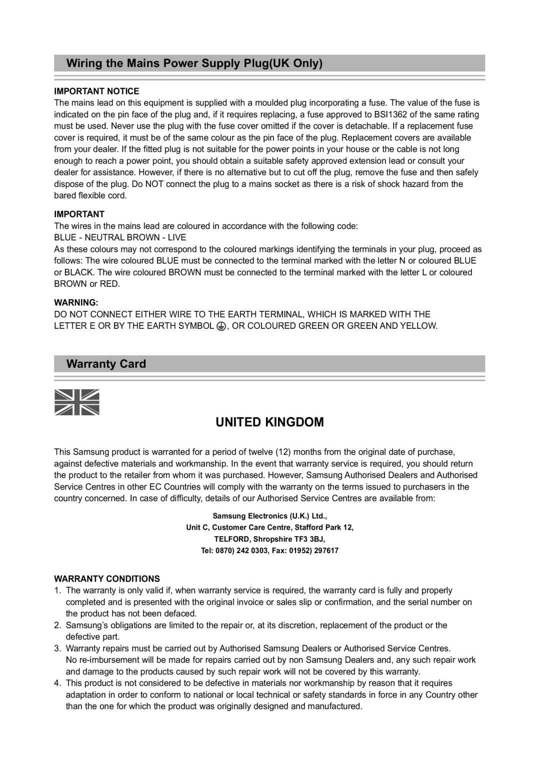 Samsung LE15S5, LE20S5 manual United Kingdom, Wiring the Mains Power Supply PlugUK Only, Warranty Card 