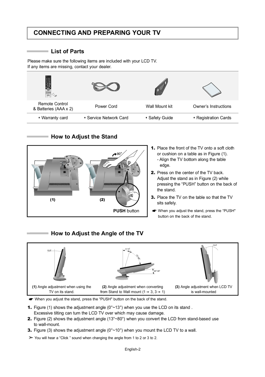 Samsung LE15S5 Connecting and Preparing Your TV, List of Parts, How to Adjust the Stand, How to Adjust the Angle of the TV 