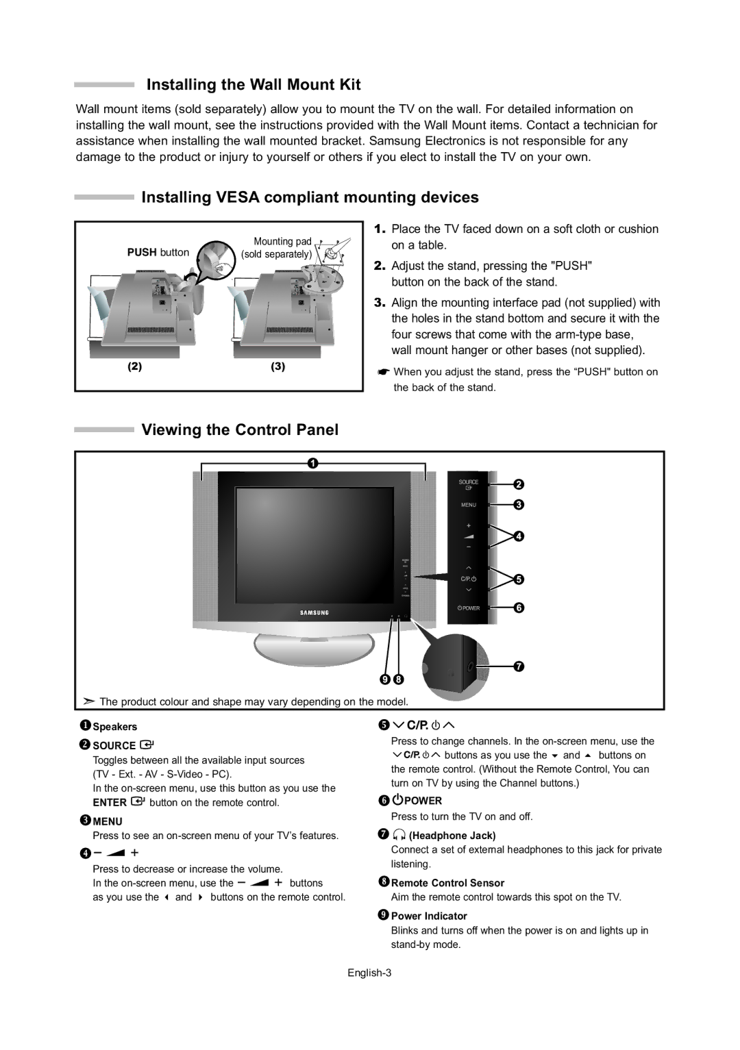 Samsung LE20S5 manual Installing the Wall Mount Kit, Installing Vesa compliant mounting devices, Viewing the Control Panel 