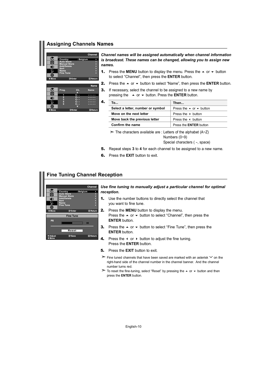 Samsung LE19R7 manual Assigning Channels Names, Fine Tuning Channel Reception 