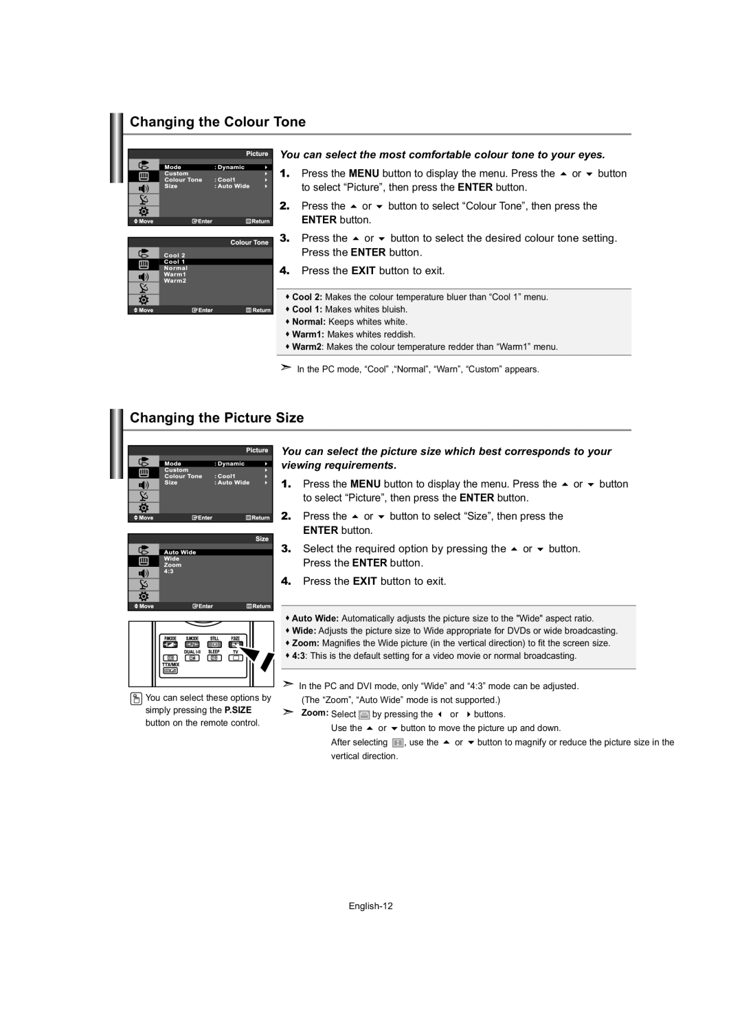 Samsung LE19R7 manual Changing the Colour Tone, Changing the Picture Size, To select Picture, then press the Enter button 