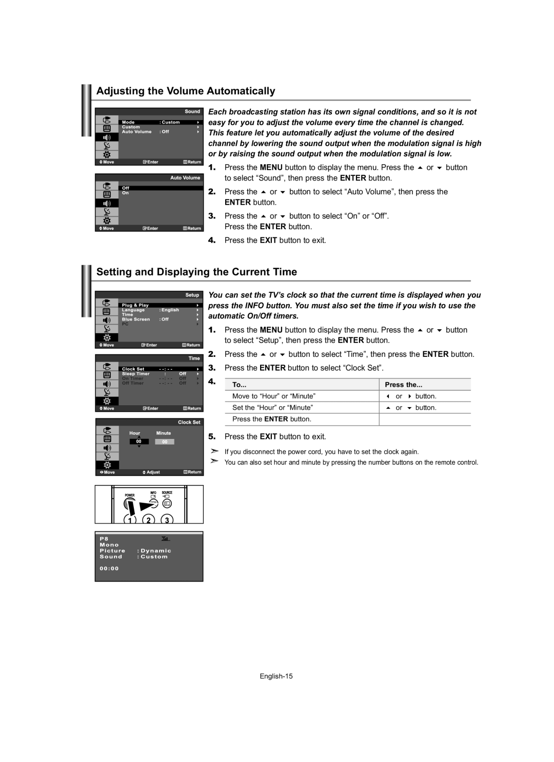 Samsung LE19R7 manual Adjusting the Volume Automatically, Setting and Displaying the Current Time, Press 