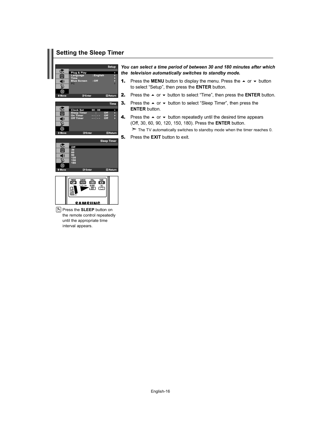 Samsung LE19R7 manual Setting the Sleep Timer, Press 