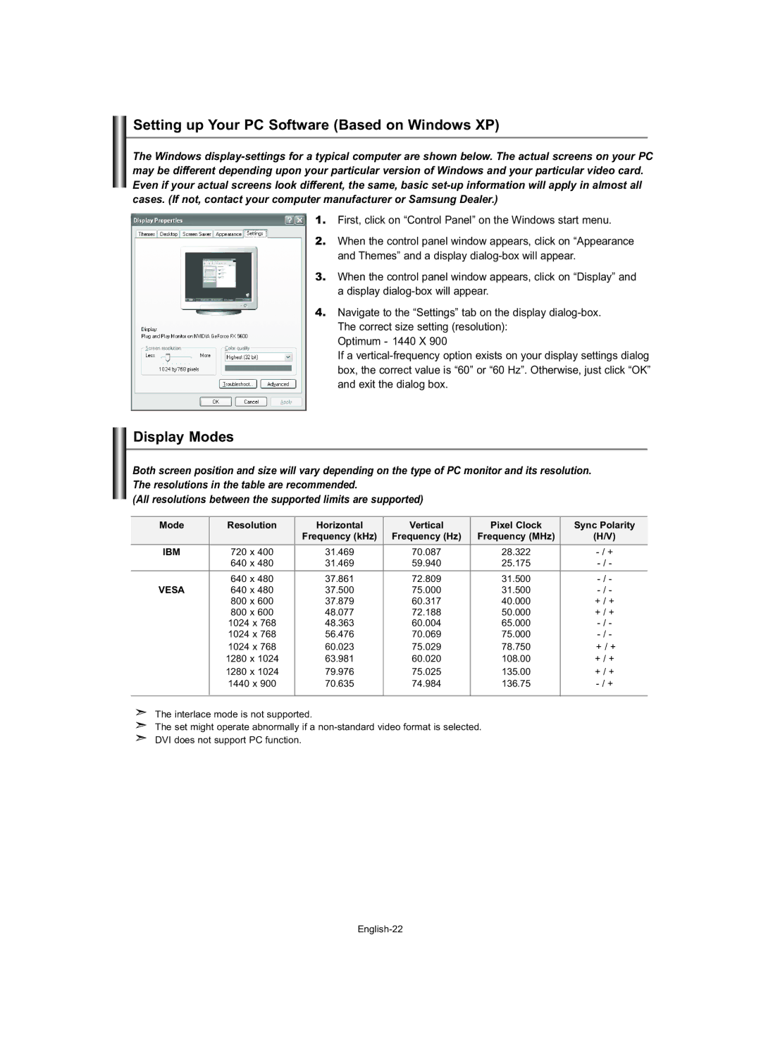 Samsung LE19R7 manual Setting up Your PC Software Based on Windows XP, Display Modes 