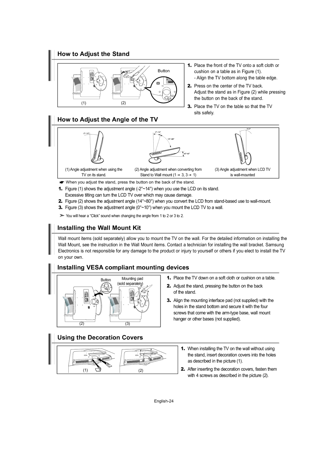 Samsung LE19R7 manual How to Adjust the Stand, How to Adjust the Angle of the TV, Installing the Wall Mount Kit 