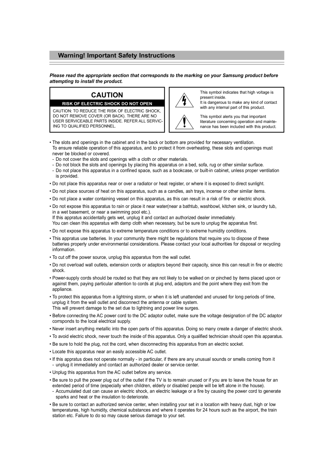 Samsung LE19R7 manual Risk of Electric Shock do not Open 