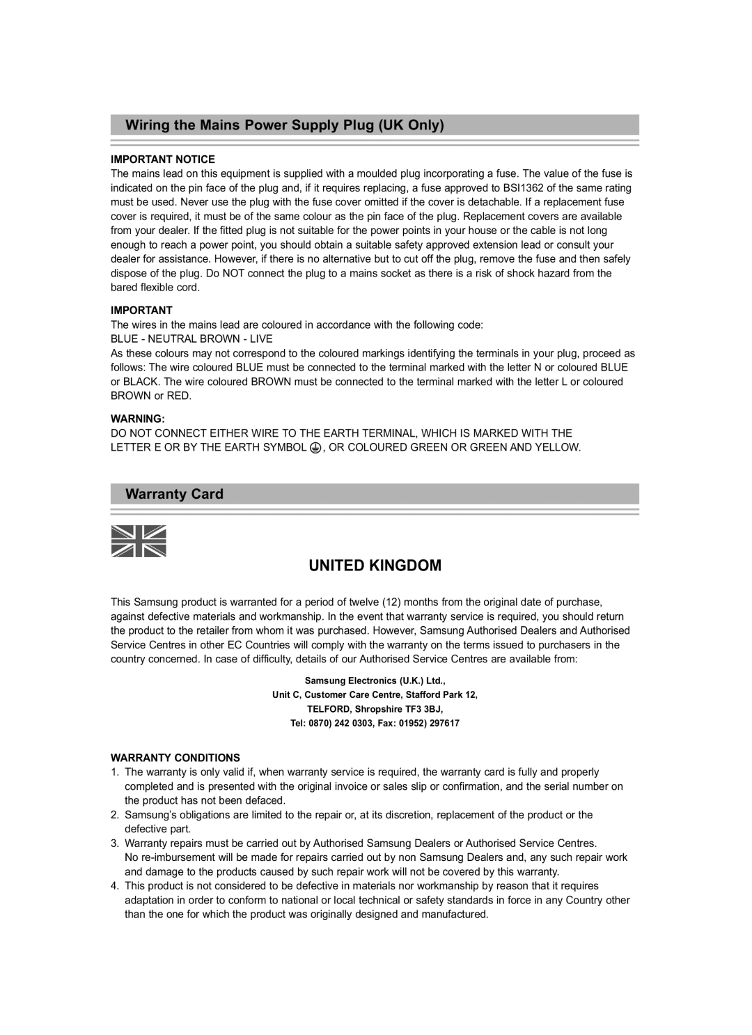 Samsung LE19R7 manual Wiring the Mains Power Supply Plug UK Only, Warranty Card 