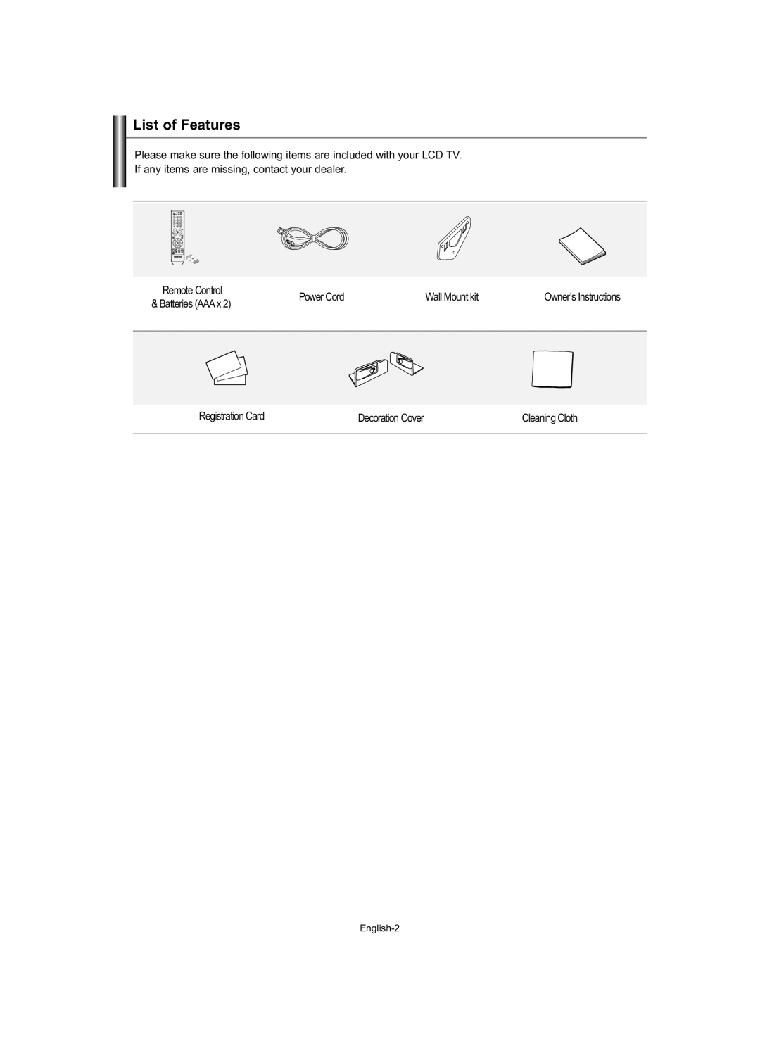 Samsung LE19R7 manual List of Features, Power Cord Wall Mount kit, Registration Card Decoration Cover 