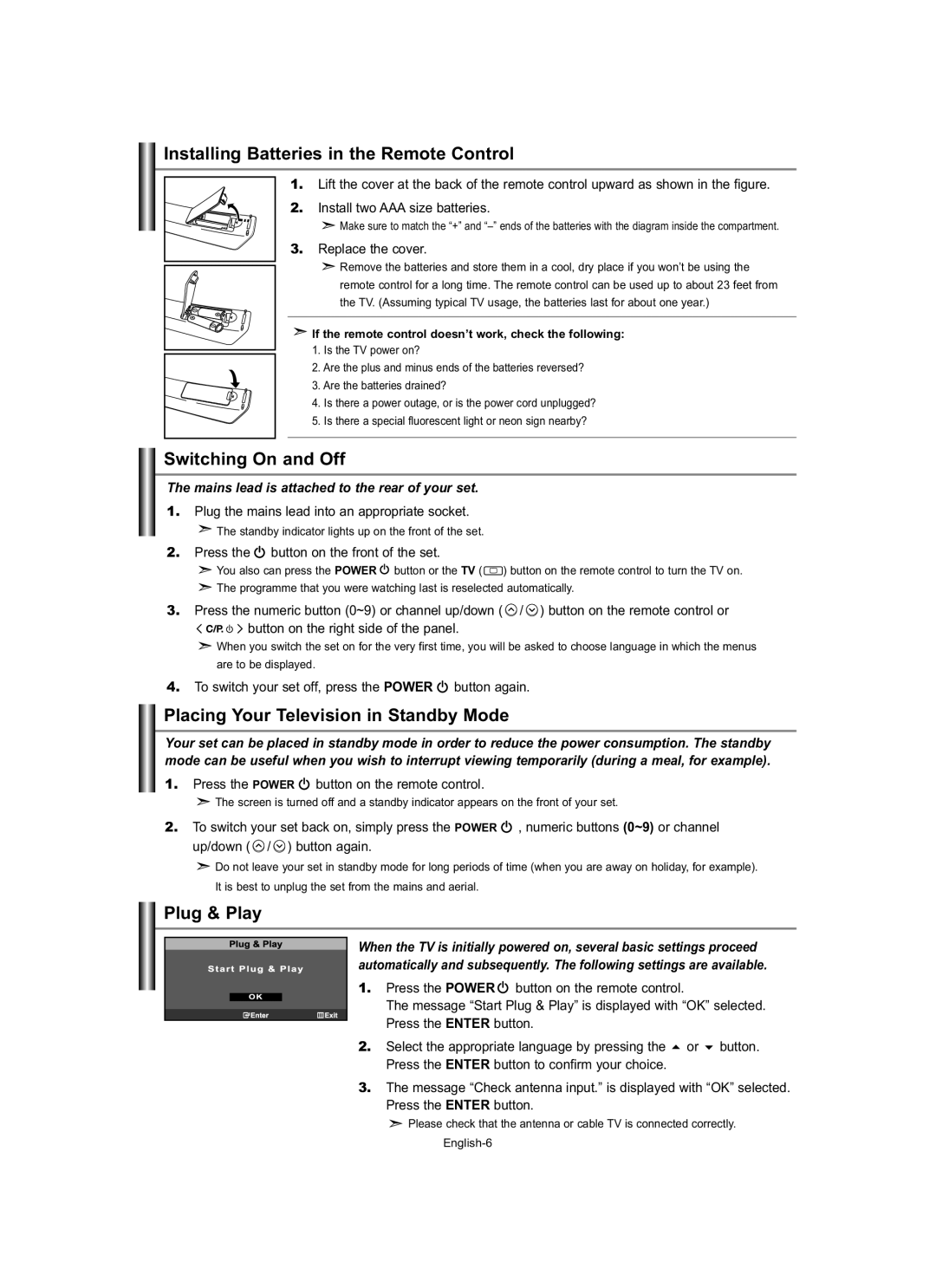 Samsung LE19R7 Installing Batteries in the Remote Control, Switching On and Off, Placing Your Television in Standby Mode 