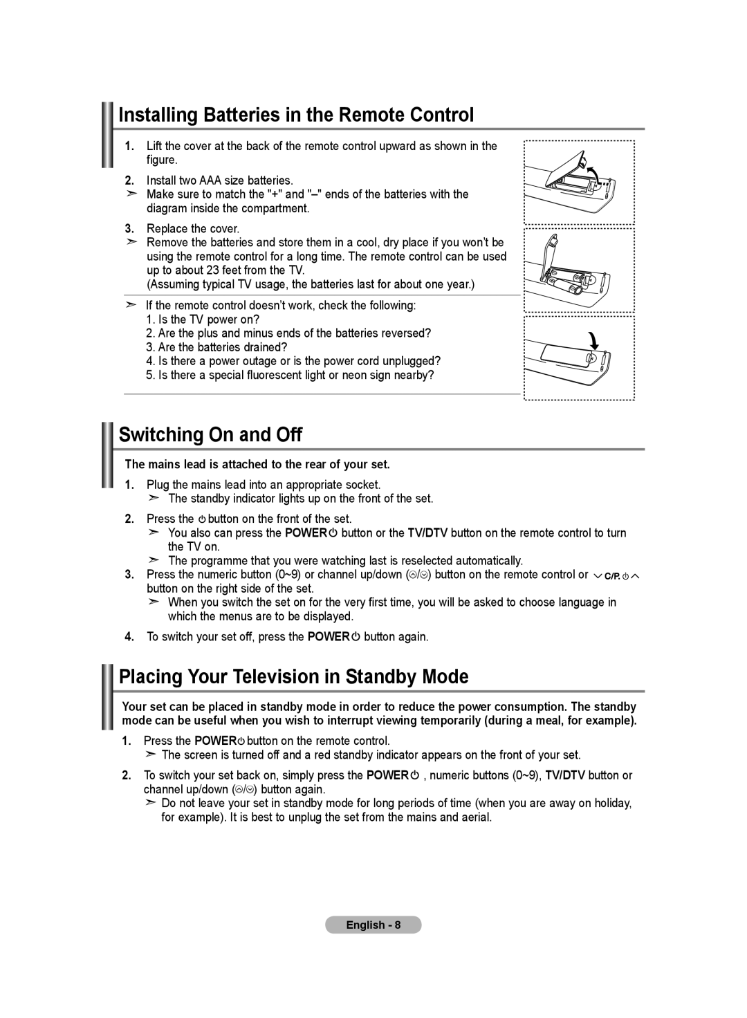 Samsung LE19R8 Installing Batteries in the Remote Control, Switching On and Off, Placing Your Television in Standby Mode 