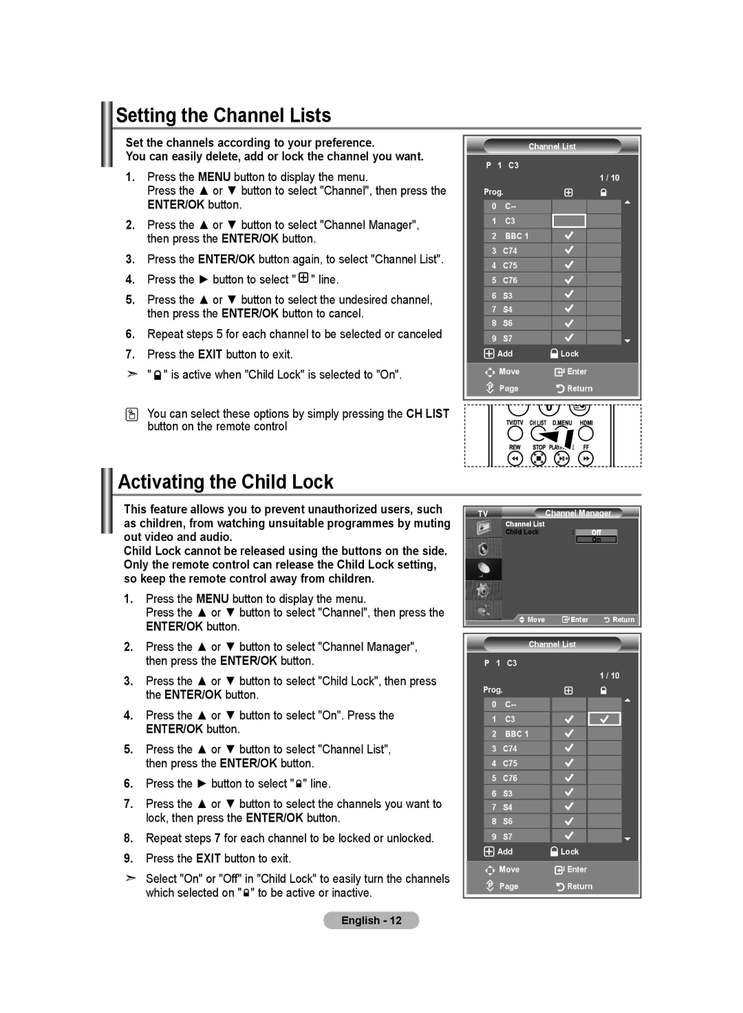 Samsung LE19R8 manual Setting the Channel Lists, Activating the Child Lock, Set the channels according to your preference 