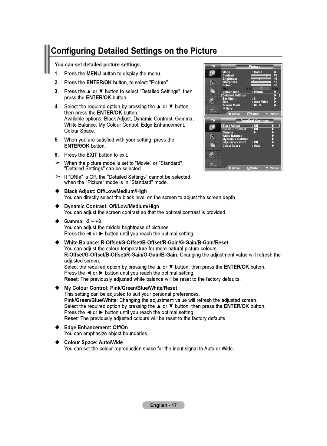 Samsung LE19R8 manual Configuring Detailed Settings on the Picture 